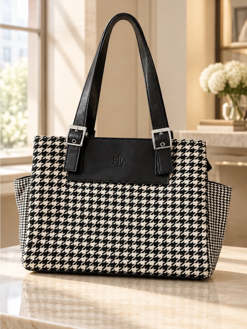 Ralph Lauren Black & White Houndstooth Leather-Trim Tote